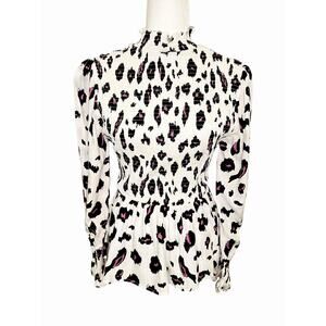 Black Purple Leopard Print Shirred Body Long Sleeve High Neck Peplum Blouse